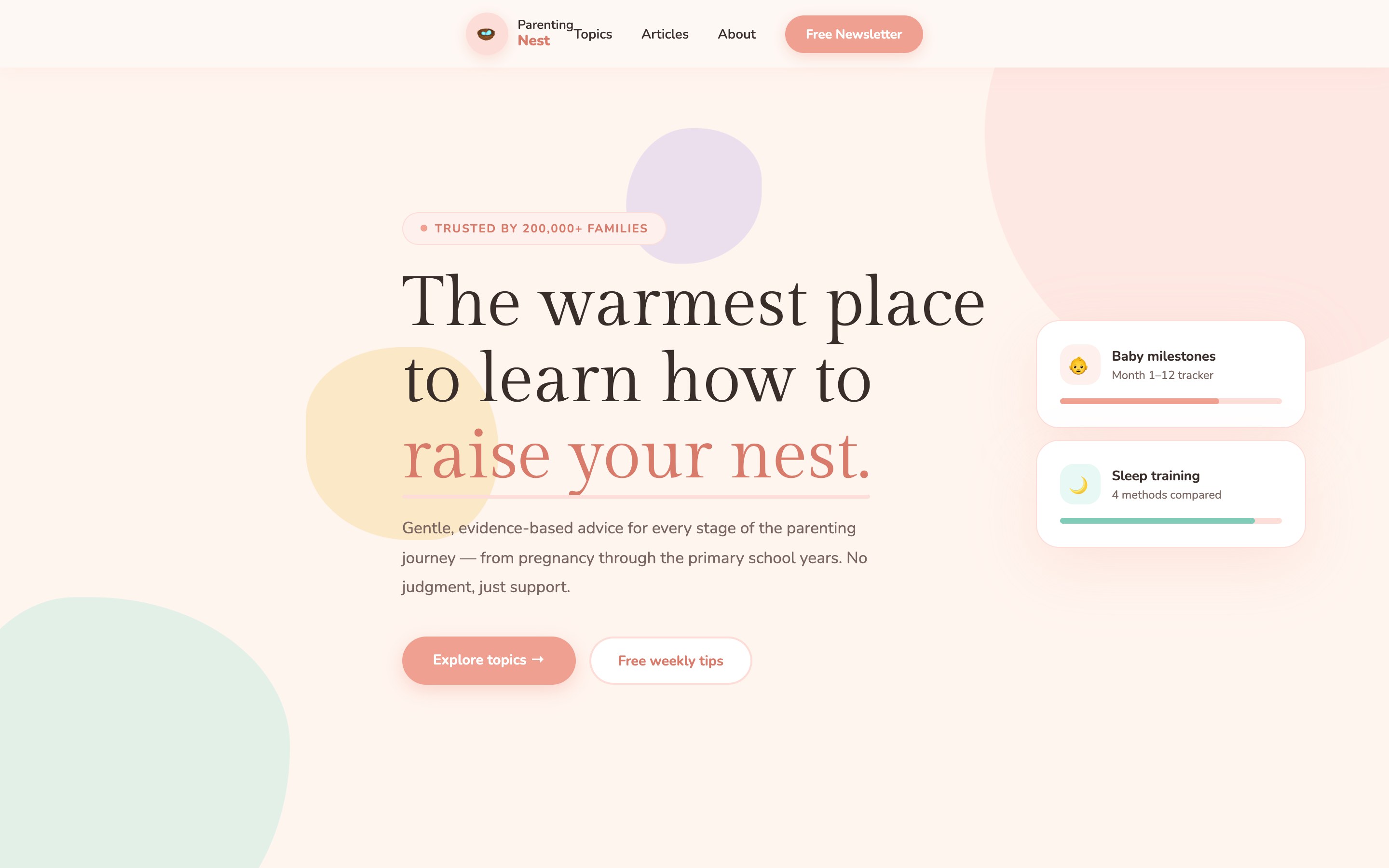 The new Parenting Nest site — a cream-and-rose editorial layout with floating product cards and the headline 'The warmest place to learn how to raise your nest.'